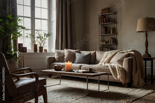 Stylish living room with plush sofa, soft lighting, and rustic wooden coffee table