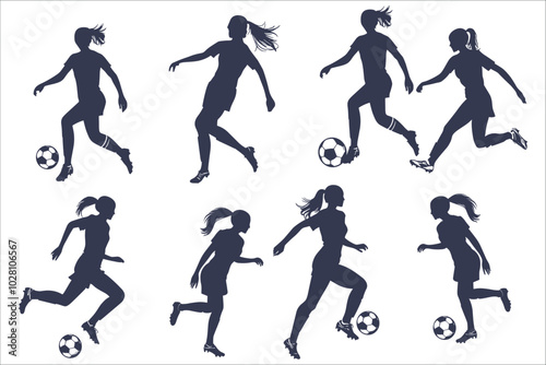 Black silhouettes of woman soccer player. Female football player silhouette vector collection. Woman soccer player silhouette vector illustration. Vector collection of woman football player silhouette