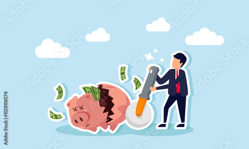 A businessman cutting open a piggy bank filled with money using a saw, illustrating the process of liquidating a deposit investment