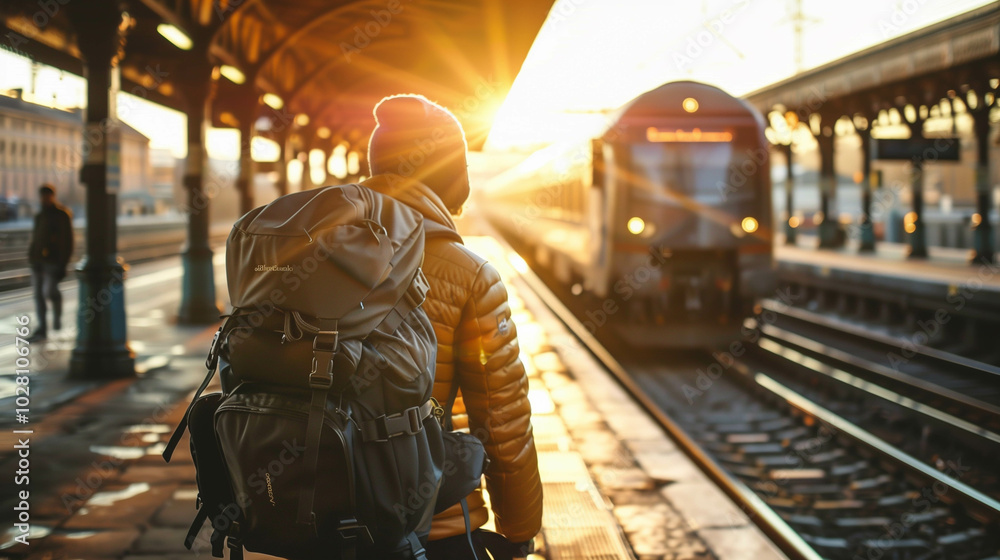 Obraz premium Traveling with backpack standing at train station.