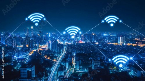 Network smart modern city, wireless connection to communication in world, social media technology.