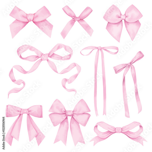 9 Bows elements watercolor digital painted.
