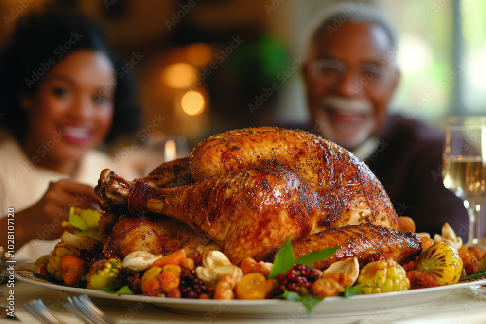 A large turkey is on a white plate in front of two people