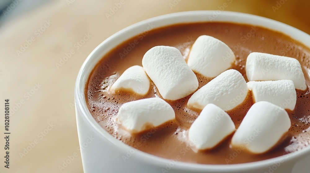 Cozy hot chocolate topped with fluffy marshmallows in a white mug Cozy hot chocolate topped with fluffy marshmallows in a white mug