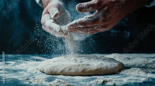 Capturing the art of baking with hands dusting flour on dough photo