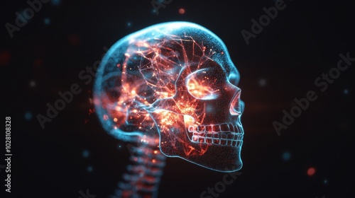 Hologram 3D glowing skull. The decoration element for Halloween.