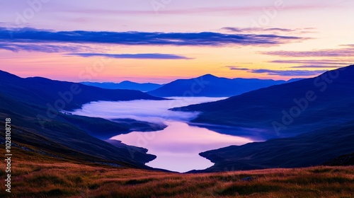 Breathtaking sunset view over tranquil lake and mountainous landscape