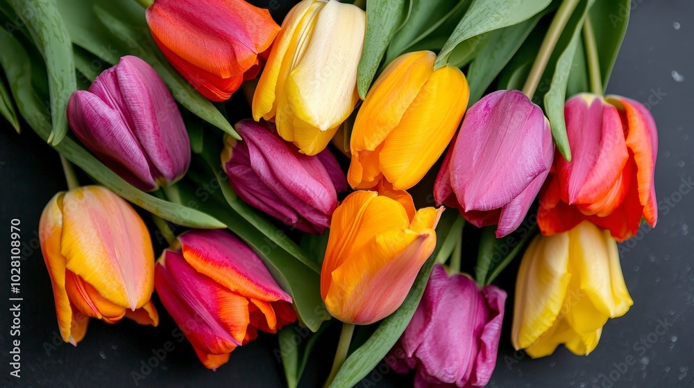 Vibrant tulips in various colors arranged on a dark surface Vibrant tulips in various colors arranged on a dark surface
