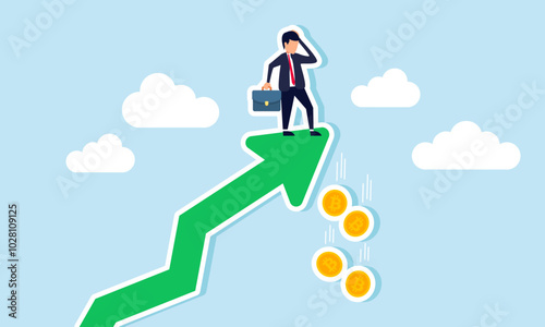 A businessman at the tip of an arrow finds several bitcoins that have fallen, illustrating the effect of valuation drop after an all-time high