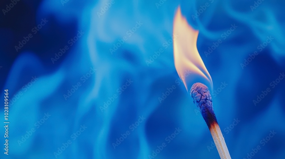 Matchstick igniting with flame against a blue smoky background Matchstick igniting with flame against a blue smoky background