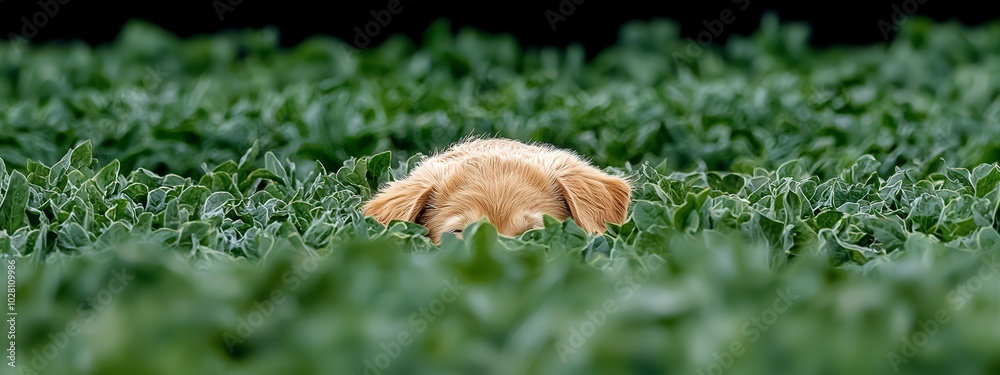 Golden retriever peeking through green leaves in outdoor setting Golden retriever peeking through green leaves in outdoor setting