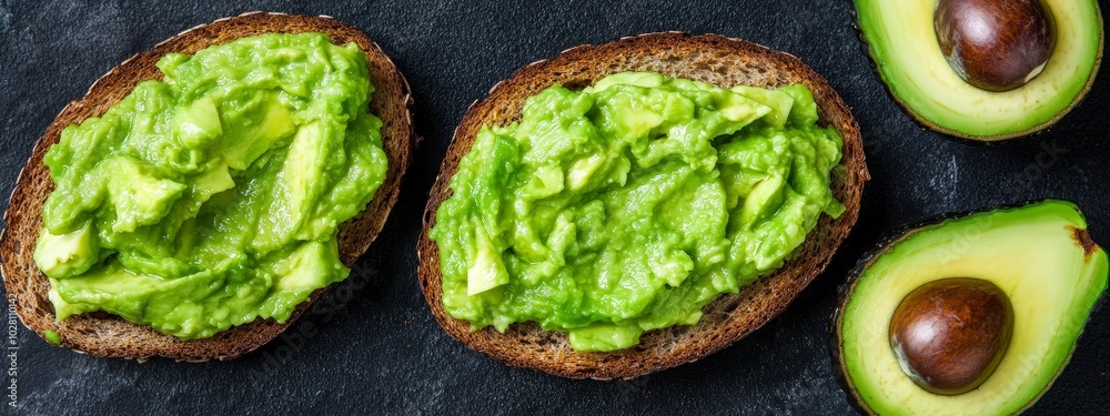 Delicious avocado toast on dark background with whole avocados