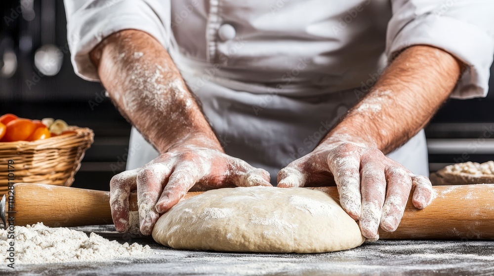 Chef preparing dough with flour on a kitchen countertop