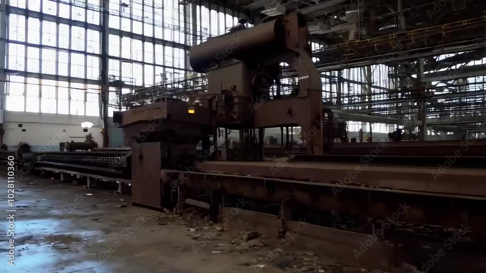 a large empty factory hall. Rusted machines and conveyor belts sit silent, covered in layers of dust, while broken windows cast eerie shadows on the floor. a large empty factory hall. Rusted machines and conveyor belts sit silent, covered in layers of dust, while broken windows cast eerie shadows on the floor.