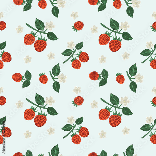 Pattern seamless Raspberry and flowers inspiration from embroidery .You can change the background color from the EPS file.