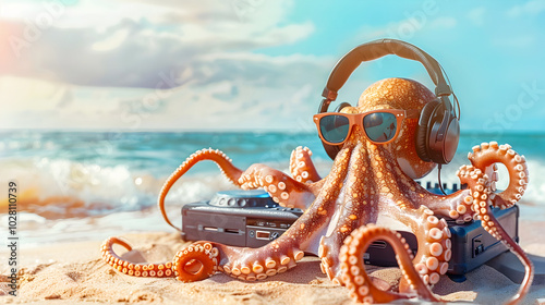 of a fantastical DJ Octopus with headphones and music equipment set up on a tropical beach shore creating a surreal summer party concept with the ocean and sunset in the background