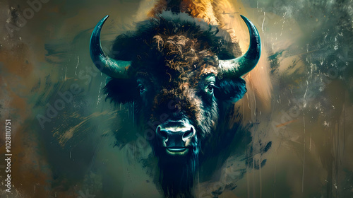 Powerful and majestic bison portrait emerging from a dramatic fog and dust storm in a rugged natural landscape  The bison s fierce gaze large horns and thick