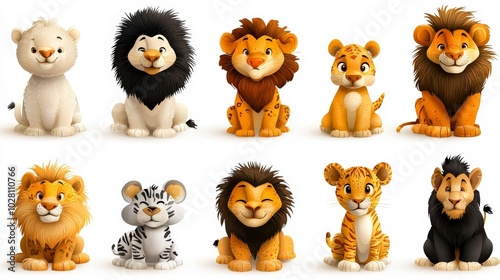 Cute cartoon characters of lions and tigers in various poses