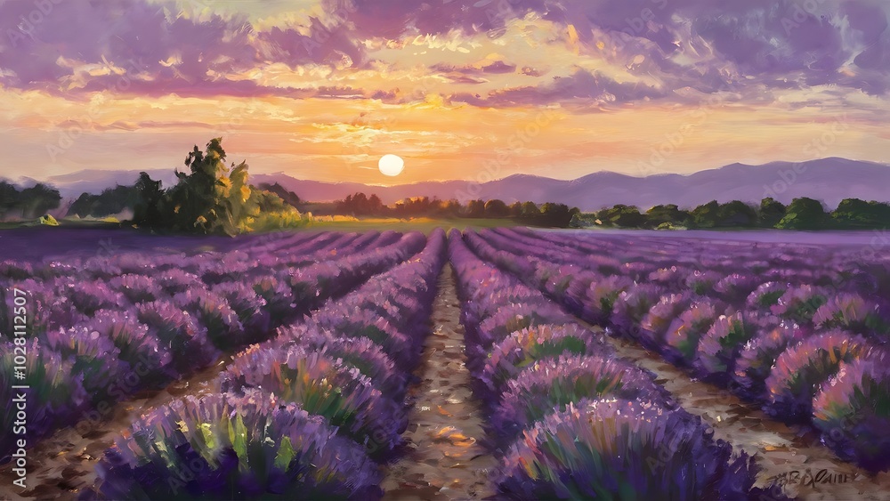 Original oil painting of lavender fields on canvas.Sunset landscape.Modern Impressionism Original oil painting of lavender fields on canvas.Sunset landscape.Modern Impressionism