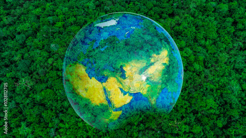 Fototapeta Naklejka Na Ścianę i Meble -  Atmospheric aerial view of the green forest with the earth Demonstrate the concept of preserving the top ecosystem and natural environment and Save Earth.	