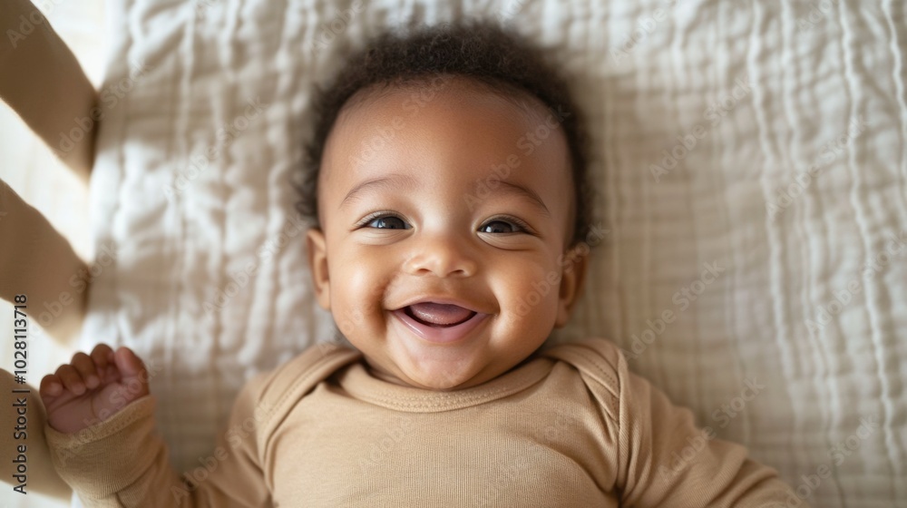 Happy baby lying on a crib, smiling genuinely and looking up at the camera. The view is from above, capturing the baby's joyful expression as they lie comfortably on soft bedding.
Happy baby lying on a crib, smiling genuinely and looking up at the camera. The view is from above, capturing the baby's joyful expression as they lie comfortably on soft bedding.