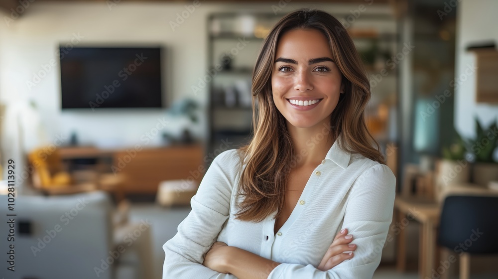 A photo of a female real estate agent smiling, standing in her office with her arms crossed and wearing a white blouse. A photo of a female real estate agent smiling, standing in her office with her arms crossed and wearing a white blouse.