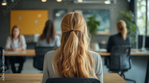 A young woman with long blonde hair is sitting in the foreground, wearing business casual attire and facing away from us towards three people at an office table.