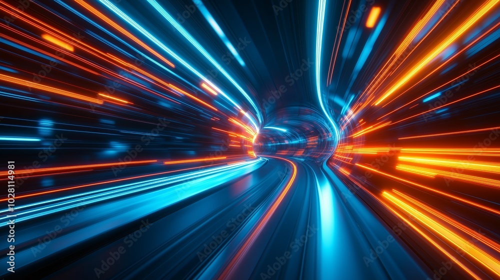 High-speed light streaks in blue and orange, futuristic tunnel background, high speed motion blur High-speed light streaks in blue and orange, futuristic tunnel background, high speed motion blur