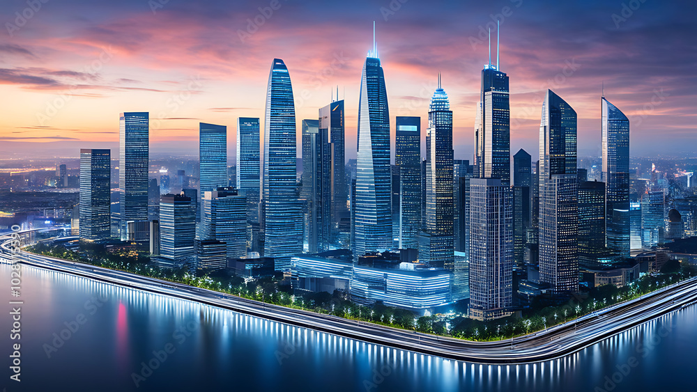 Fototapeta premium Smart building concept illustration for a city A graphical representation of intelligent city design integrated with IoT and AI technology for efficient urban management