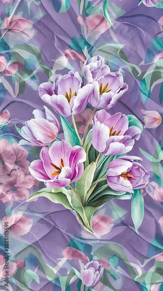 Obraz premium Purple and blue tulips watercolor illustration set. Seamless background pattern. Fabric wallpaper print texture.