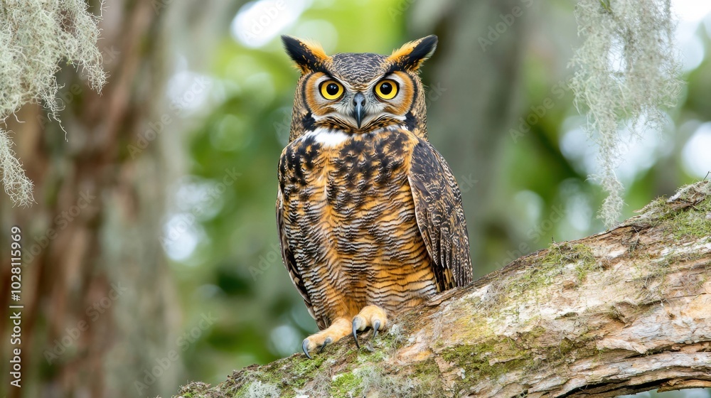 The great horned owl sits confidently on a branch, surrounded by vibrant greenery and draping moss, captivating onlookers with its gaze The great horned owl sits confidently on a branch, surrounded by vibrant greenery and draping moss, captivating onlookers with its gaze