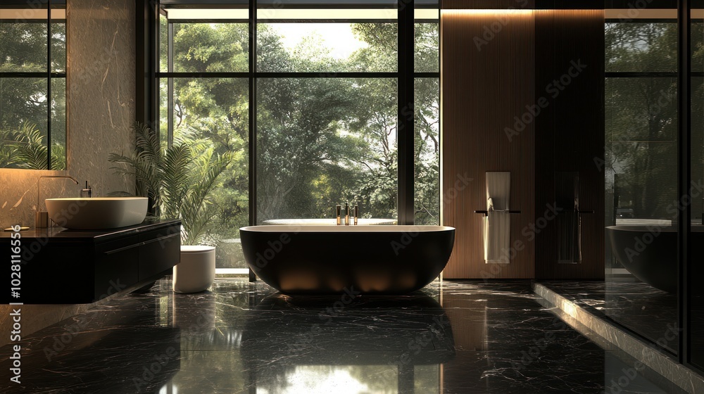 Luxury bathroom design, featuring sleek, modern elements with premium finishes, marble surfaces, and floor-to-ceiling windows, symbolizing luxury and sophistication. Luxury bathroom design, featuring sleek, modern elements with premium finishes, marble surfaces, and floor-to-ceiling windows, symbolizing luxury and sophistication.
