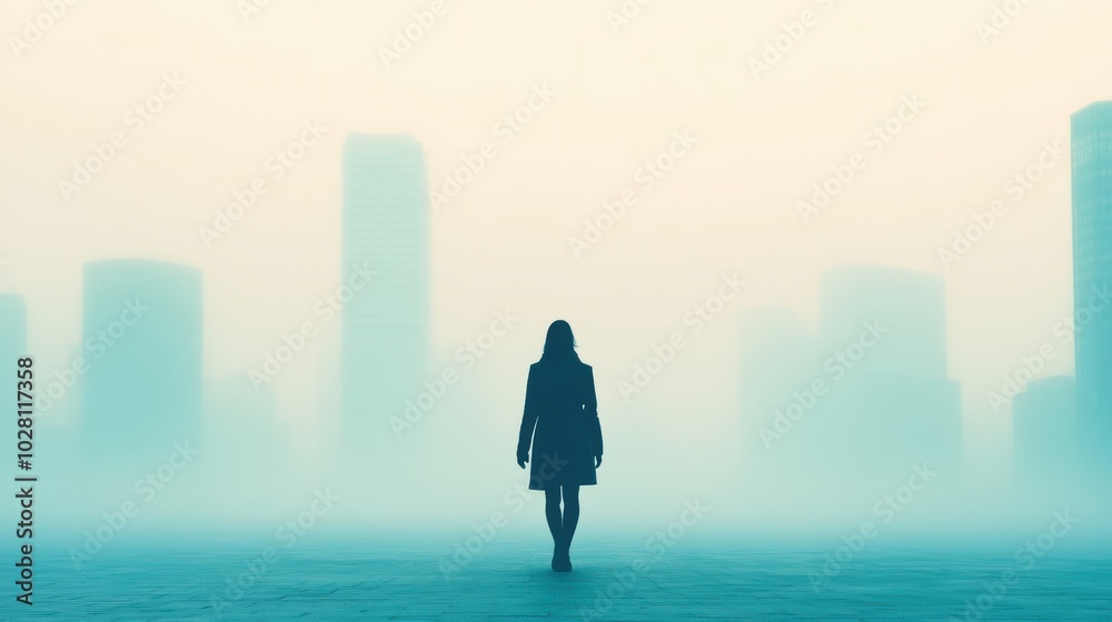 A woman walks alone, silhouetted against a foggy urban landscape, creating a mysterious and serene atmosphere A woman walks alone, silhouetted against a foggy urban landscape, creating a mysterious and serene atmosphere