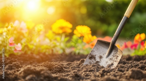 A shovel rests in the soft soil of a colorful flower garden during a beautiful sunset