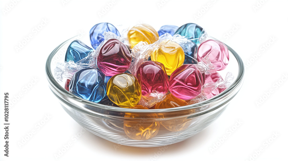 Colorful hard candies with transparent cellophane wrapping in bowl isolated on white background. Colorful hard candies with transparent cellophane wrapping in bowl isolated on white background.
