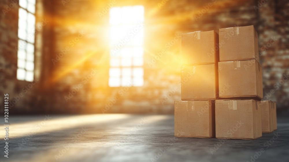 Sunlight streams through large windows illuminating stacked cardboard boxes in a spacious and rustic warehouse Sunlight streams through large windows illuminating stacked cardboard boxes in a spacious and rustic warehouse