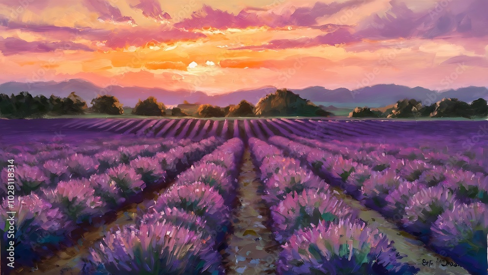 Fototapeta premium Original oil painting of lavender fields on canvas.Sunset landscape.Modern Impressionism