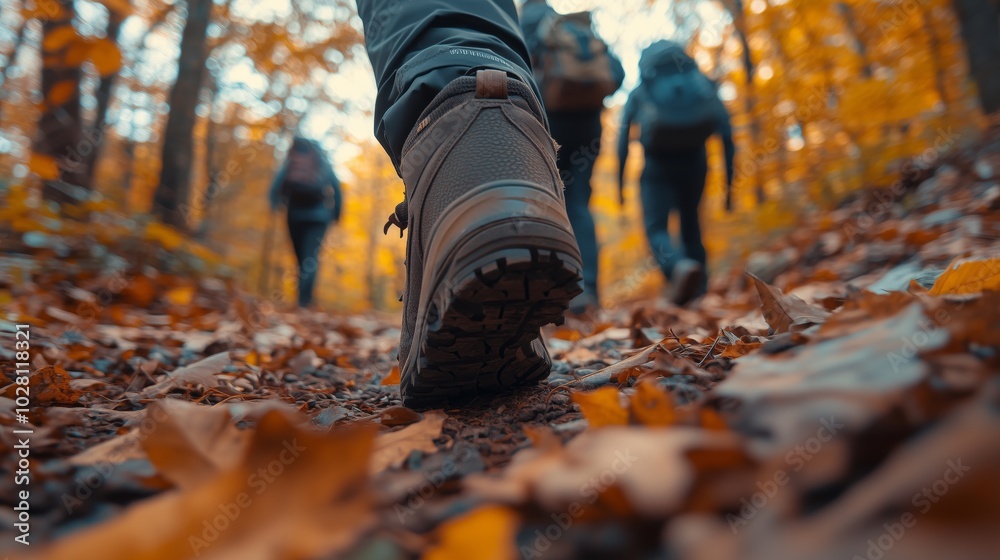 Close-up of hiking shoes walking through an autumn forest, with other hikers in the background Close-up of hiking shoes walking through an autumn forest, with other hikers in the background