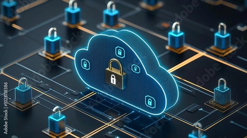 Privacy Data Security A secure cloud icon surrounded by floating personal data points, each wrapped in a protective layer of encryption and padlocks