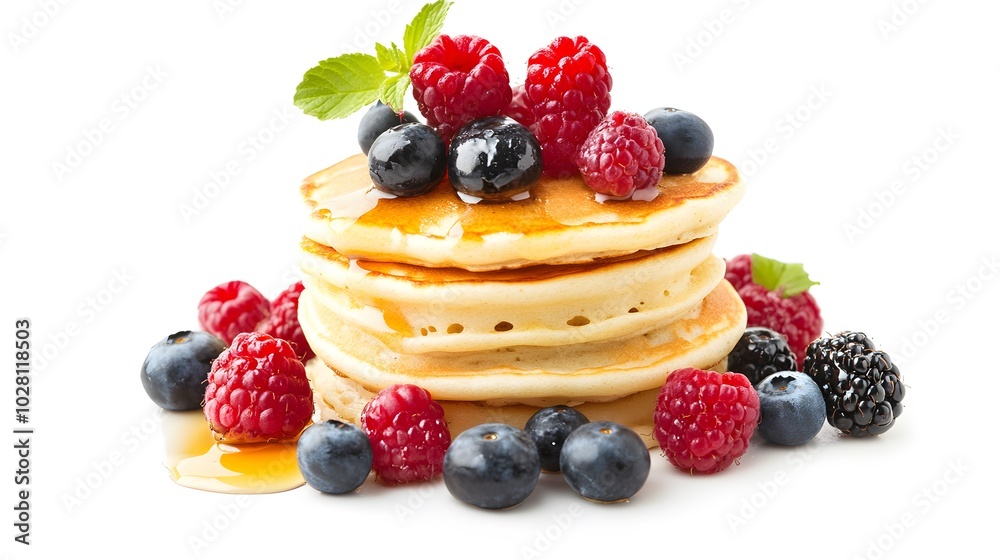 Pancakes stack with different berries and honey isolated on white background. Pancakes stack with different berries and honey isolated on white background.