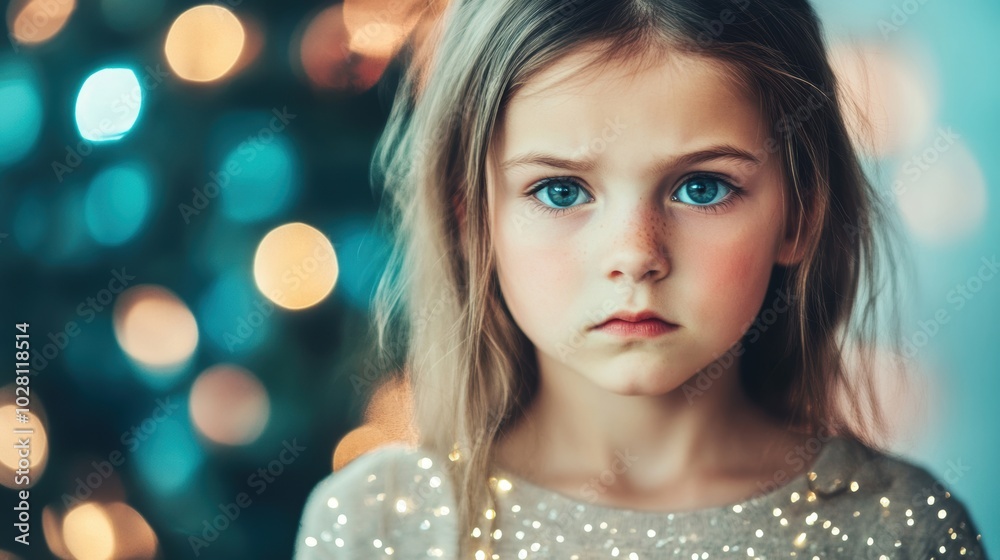 A child stands with a solemn expression, feeling upset amidst the joy of the Christmas season near a glowing tree A child stands with a solemn expression, feeling upset amidst the joy of the Christmas season near a glowing tree