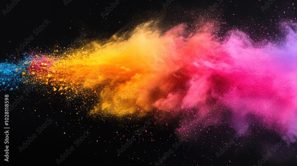 Naklejka premium A dynamic splash of colorful powder fills the air, creating a mesmerizing effect against a pitch-black background