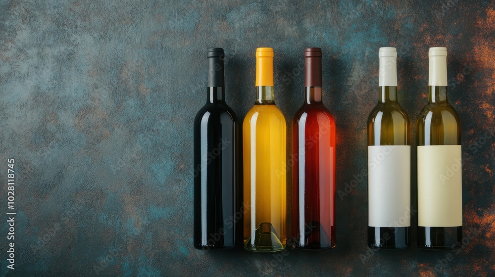 Various wine bottles are arranged in a straight line on a dark textured surface, highlighting their unique colors and shapes Various wine bottles are arranged in a straight line on a dark textured surface, highlighting their unique colors and shapes