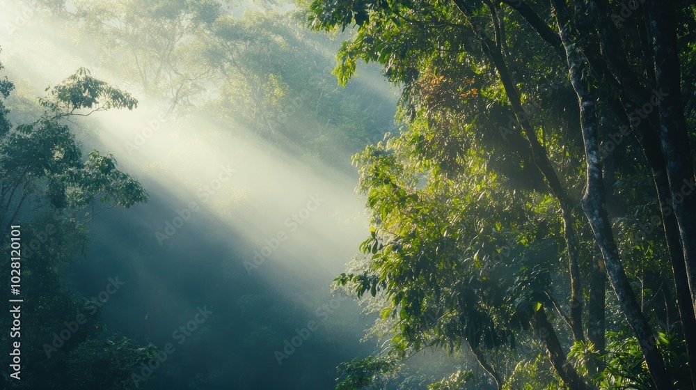 Obraz premium Sunlight Breaking Through Dense Forest Canopy