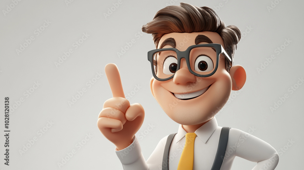 Cheerful cartoon character in a suit with glasses giving a thoughtful gesture indoors Cheerful cartoon character in a suit with glasses giving a thoughtful gesture indoors