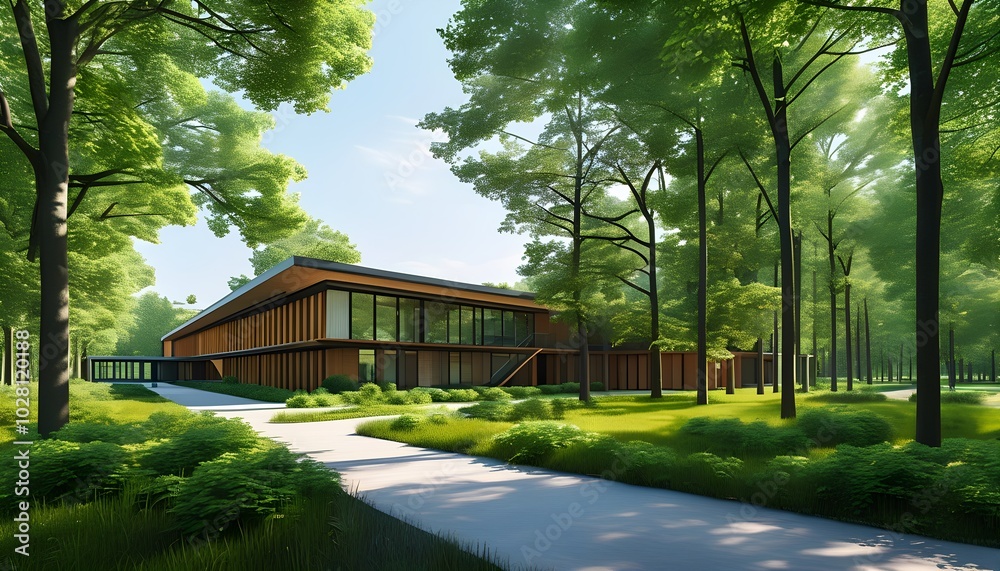 Modern architecture nestled in a lush green landscape Modern architecture nestled in a lush green landscape