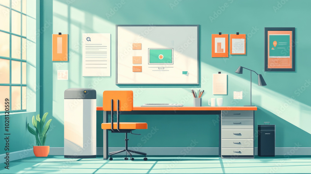 Computers and desks in the office, green style illustrations Computers and desks in the office, green style illustrations