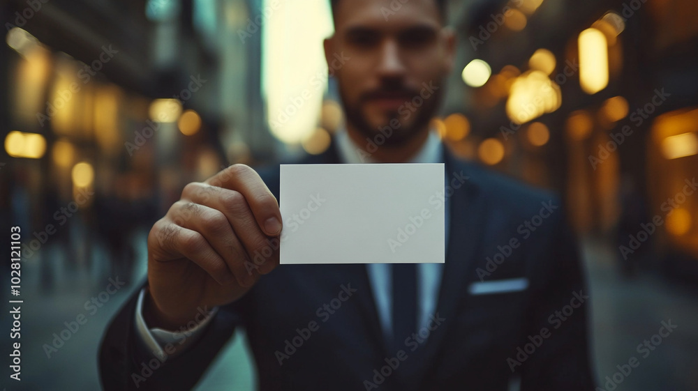 A businessman presents a blank card while walking in a bustling city street during twilight A businessman presents a blank card while walking in a bustling city street during twilight