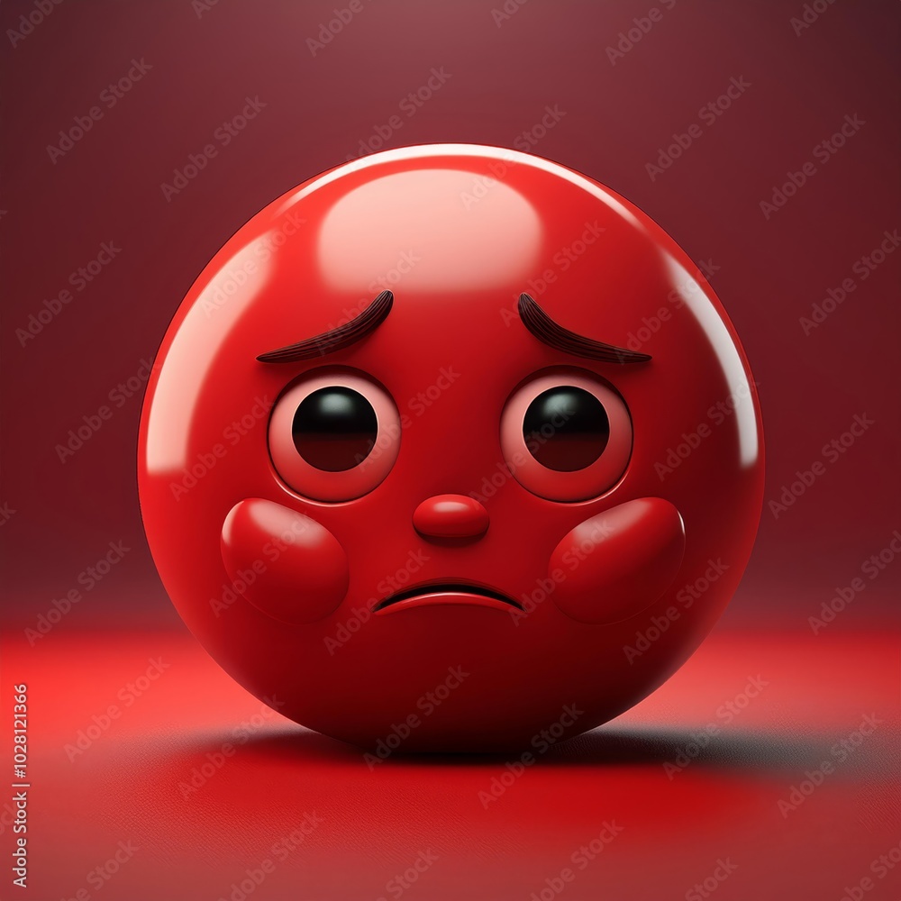 Fototapeta premium A 3D rendering of a red emoji with a sad expression. The emoji has large eyes, a downturned mouth, and a furrowed brow, conveying a sense of disappointment or sorrow.