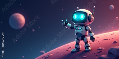 Smiling cute Robot pointing with his finger in space, with copy space for text.